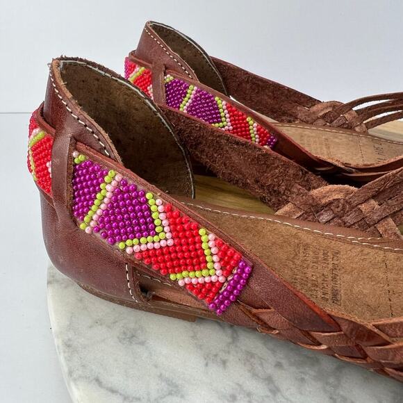 RARAMURI Mexican Beaded Hand Made Leather Woven Cognac Huarache Sandals Size 10 - Picture 8 of 10